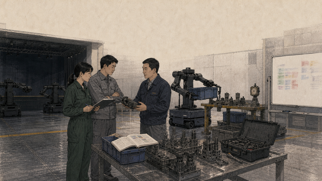 三人围着工具台、白板和工具箱讨论,背景是机械臂工位