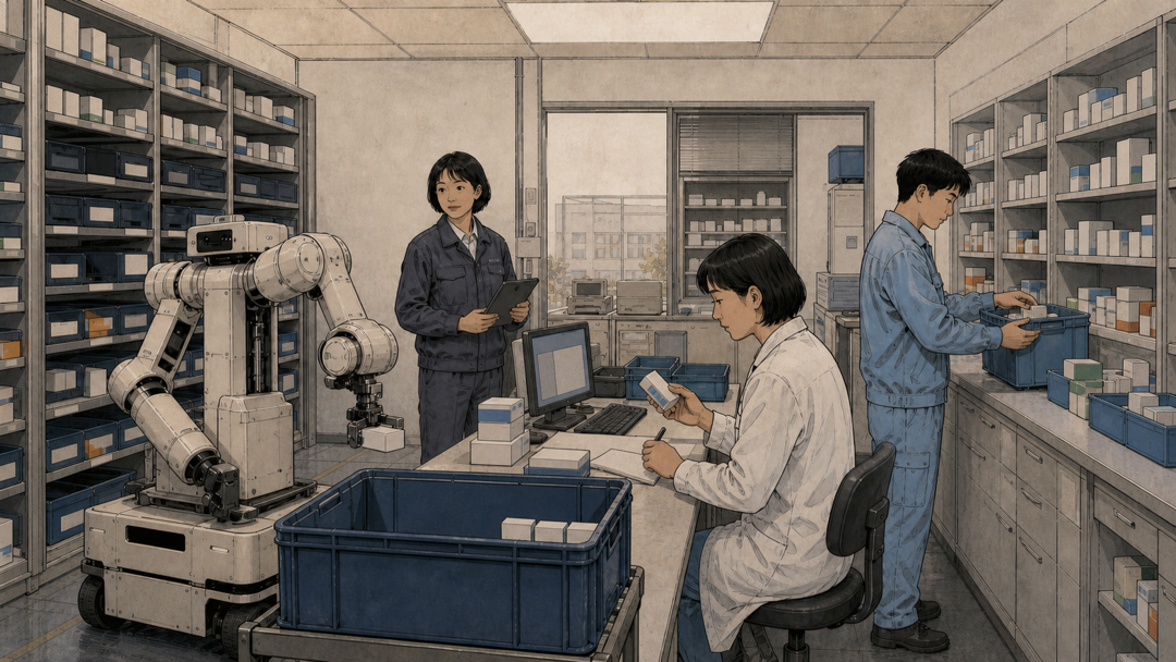 白色双臂移动机器人在货架间取货,三名工作人员在旁,蓝色周转箱与库存场景
