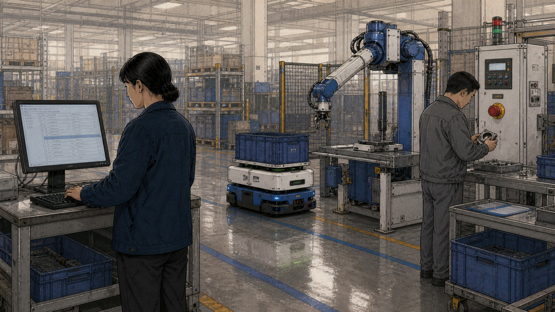 轻制造车间任务链：运营人员调优先级、移动机器人送料箱、员工质检异常零件、安全控制柜在旁