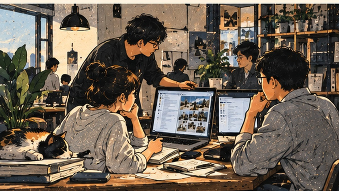 开放式办公室内,几名年轻员工围着笔记本电脑协作讨论,屏幕上是资料与内容素材,有人低头记笔记