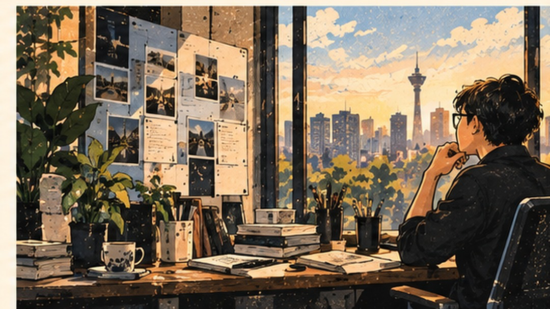 开放式办公区全景:多名员工各自在工位电脑前工作,前景长桌上放着设备与文档,一只三花猫安静趴在桌角
