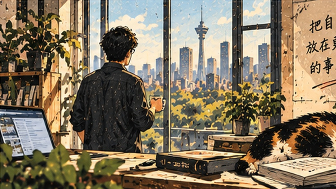 一名男子背对镜头站在窗前眺望城市天际线,办公桌上有打开的笔记本电脑、书本和一只熟睡的三花猫,墙上贴着手写标语