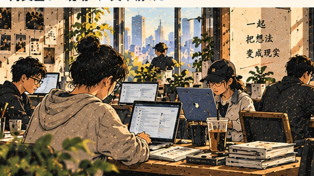 开放式办公区内,年轻员工与资深同事并肩看着屏幕讨论,桌上摊着资料与手写笔记
