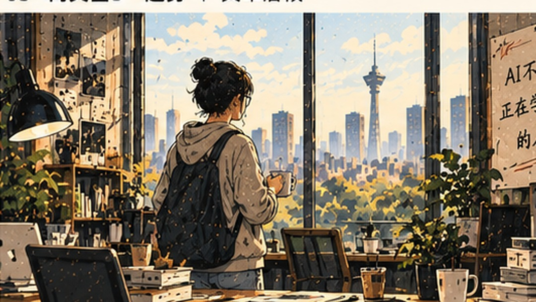一名职场人站在窗前眺望城市,墙上贴着按年份排列的成长笔记与照片