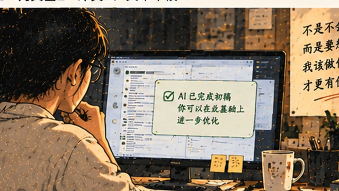 一名员工坐在电脑前检查AI产出的内容,屏幕上并排显示初稿与修改批注