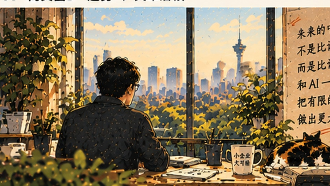 办公室窗外的城市高楼景观,桌上摊开组织架构图与规划笔记